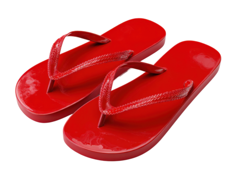 Close-up beach photography summer vibes & red flip flops. Isolated on transparent background, png.