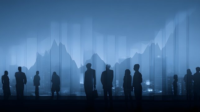 Silhouette of business people overlooking a city at night with financial data overlay.