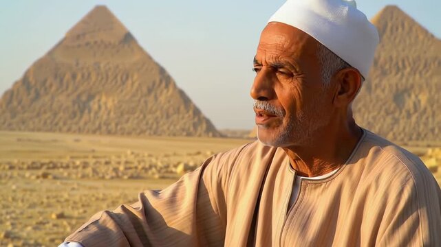 Elderly Egyptian man in traditional clothes looks on with the Giza pyramids in the desert background