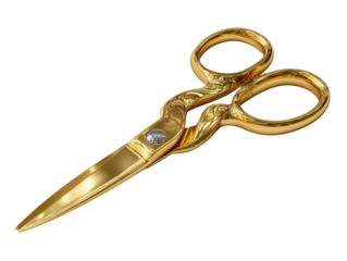 Cutting art golden scissors display creative studio close-up. Isolated on transparent background, png.