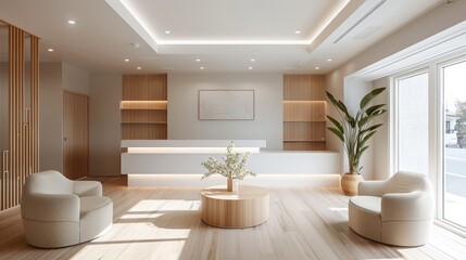 Fototapeta premium Modern reception area featuring minimalist design with wooden accents, comfortable seating, and a decorative plant, creating a welcoming atmosphere for visitors and clients