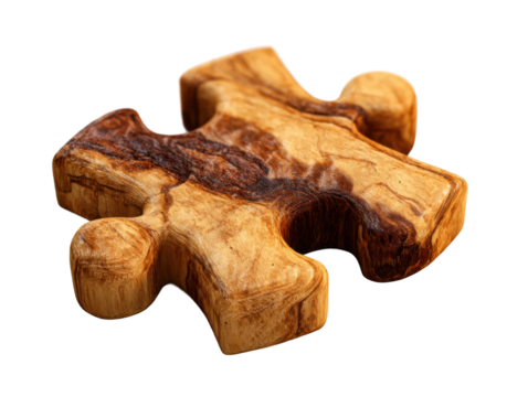 Crafted wooden puzzle piece studio product photography close-up. Isolated on transparent background, png.