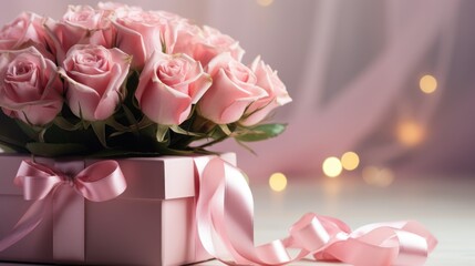 Pink roses arranged beautifully in a gift box adorned with a satin ribbon, creating a romantic atmosphere perfect for celebrations and special occasions with soft bokeh background