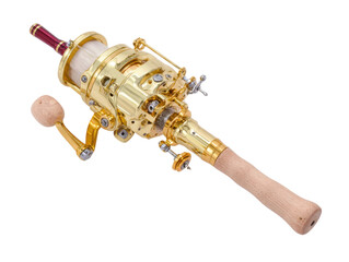 Detailed product photography of metal fishing reel mechanism. Isolated on transparent background, png.