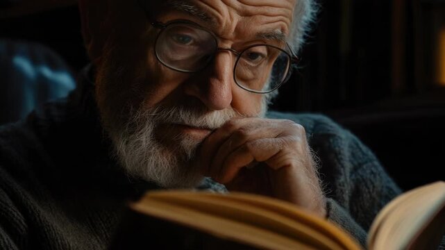A person reading a book in a dimly lit room, possibly for study or relaxation
