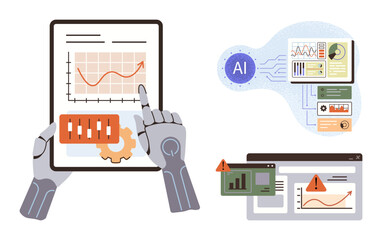 Robotic hands interact with a tablet displaying data and charts. Nearby AI dashboard, alerts on computer screens. Ideal for AI, automation, robotics, data analytics, innovation, technology simple