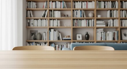 Wooden table before blurry bookshelf filled with books in bright room