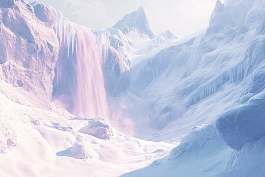 A serene, icy landscape featuring a majestic waterfall cascading down a snow-covered mountain with icicles forming.