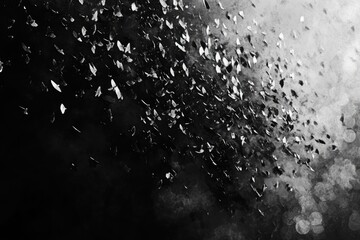 Abstract black and white image with dispersed leaf-like elements fading into bokeh effect creating a textured, artistic composition.