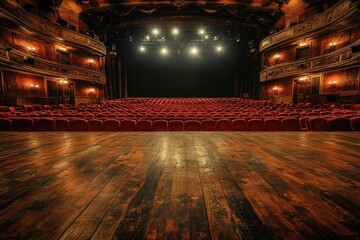 Elegant theater interior showcasing a wooden stage, plush red seating, and ornate architectural details with dimmed lighting.