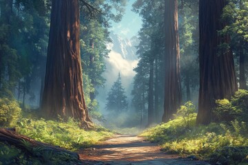 Naklejka premium Misty forest path framed by towering trees, leading to a distant, cloud-veiled mountain range.