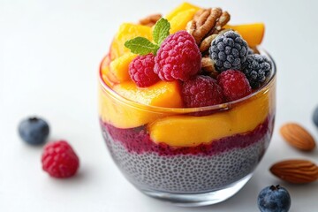 Delicious and healthy chia seed pudding with fresh fruits, berries, and nuts in a glass dessert bowl on white surface.