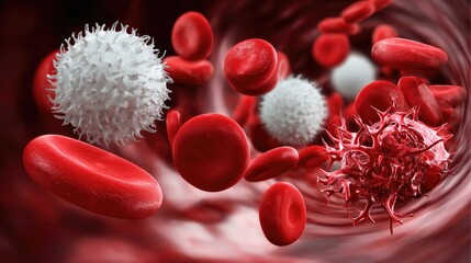 Blood cancer focus: cancer cell, red erythrocyte, hematopoietic system, disease progression, cellular mutation, marrow disorder, immune response, plasma shift, medical condition, chronic impact,