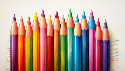Fototapeta premium Row of colorful sharpened pencils arranged vertically on a white background, creating a vibrant and artistic display of creativity and school supplies.