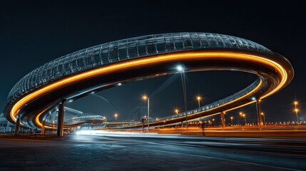 Obraz premium Curvy road illuminated by vehicle lights in a foggy landscape with a solitary tree at night
