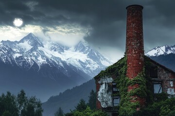 An abandoned brick building is covered by green plants with snowy mountains in background under cloudy sky.