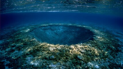 Obraz premium Underwater crater with coral formations.
