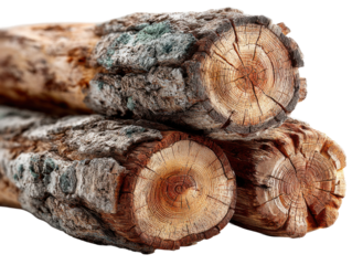 Harvesting natural wood logs forest photography rustic close-up. Isolated on transparent background, png.