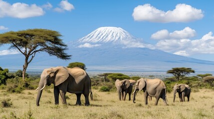 Naklejka premium Herd of african elephants taken on a safari trip to Kenya with a snow capped Kilimanjaro mountain in Tanzania in the background, under a cloudy blue skies.