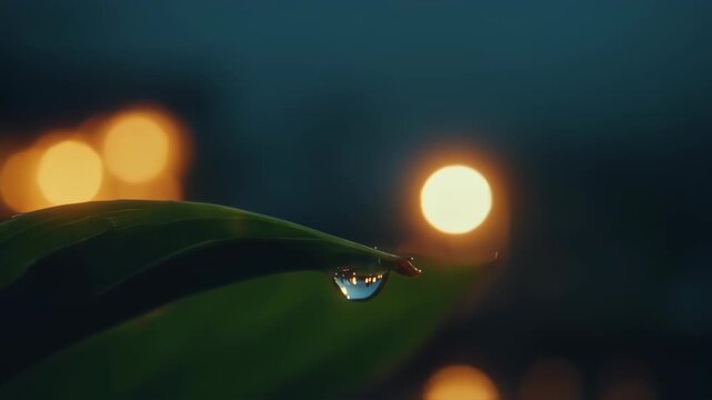 Dewdrop on a leaf at night