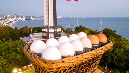 Basket of eggs atop a monument overlooking a coastal city