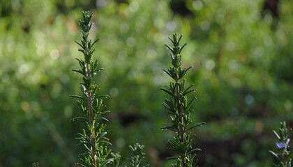 Two rosemary sprigs, dewy, blurred garden background