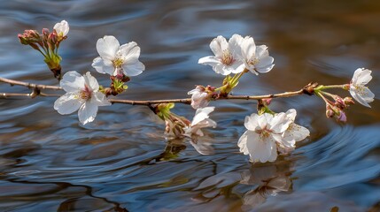 Delicate cherry blossoms rest gently on rippled water.
