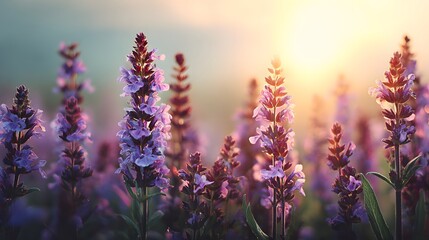 Obraz premium Purple flowers in a field at sunrise.