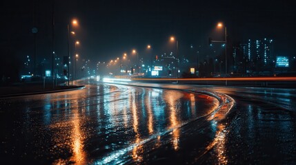 Fototapeta premium Curvy road illuminated by vehicle lights in a foggy landscape with a solitary tree at night