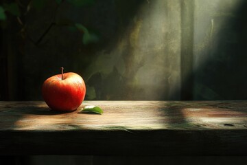 A red apple rests on a rustic wooden surface with soft light and dark green background, creating a still-life composition.