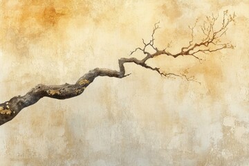 A gnarled branch stretches across a textured, earthy backdrop, creating a simple yet striking composition.