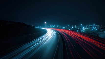 Curvy road illuminated by vehicle lights in a foggy landscape with a solitary tree at night
