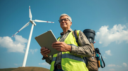 Low angle view of senior environmentalist with tablet standing near wind turbine.