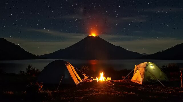 Starry Campfire Night Beneath Fiery Volcano