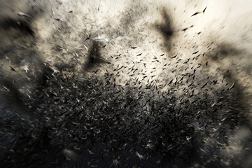 A breathtaking spectacle of a massive flock of birds in flight, creating a dark, swirling vortex in the sky.