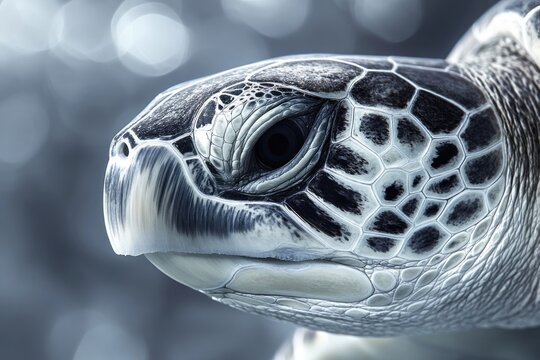 A close-up portrait showcases the textured, patterned face of a sea turtle, highlighting its eye, beak, and intricate shell details.