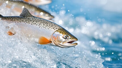 Obraz premium High angle view of a female salmon jumping up a waterfall to spawn