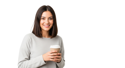 Brünette Frau – Kaffeebecher halten, transparenter Hintergrund, PNG 