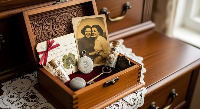 Open wooden box filled with vintage items including an old photograph, trinkets, a key, and a card, resting on a dresser.
