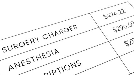 Surgery charges with cost breakdown in minimalist design 4k animation close up. Treatment, health.