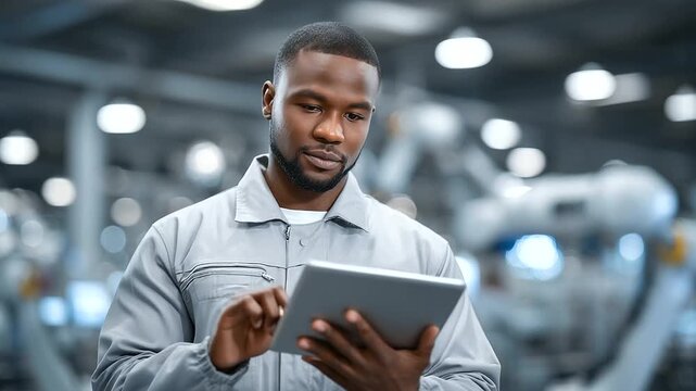 Technician using tablet to manage robotic production line with AI analytics in advanced manufacturing plant robotic production, AI analytics, factory automation, smart manufacturin