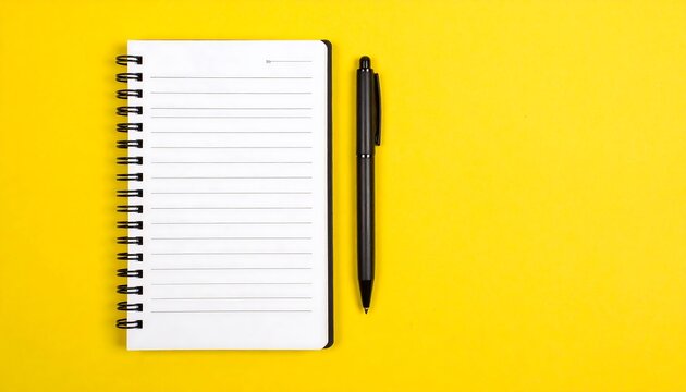 Blank notebook and pen on yellow background (1)