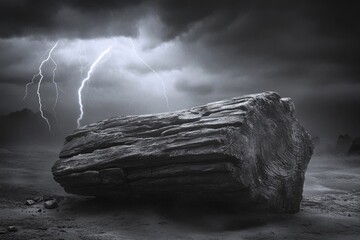 A large rock sits under a dark, stormy sky with lightning strikes illuminating the scene in monochrome.