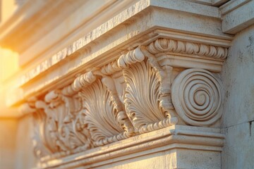 Naklejka premium A close-up captures the intricate detailing of a classical stone architectural element, bathed in warm sunlight, showcasing leaf and spiral motifs.