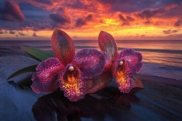 Plakat Two vibrant orchids sit against a backdrop of a fiery sunset over a calm ocean.