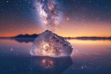 A solitary chunk of ice sits on a reflective surface under a breathtaking, star-filled night sky.