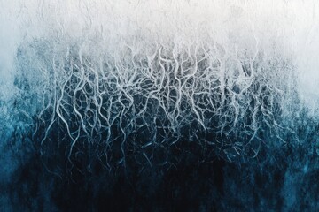 Abstract image with flowing, root-like tendrils transitioning from white at the top to deep blue at the bottom, resembling a natural phenomenon.