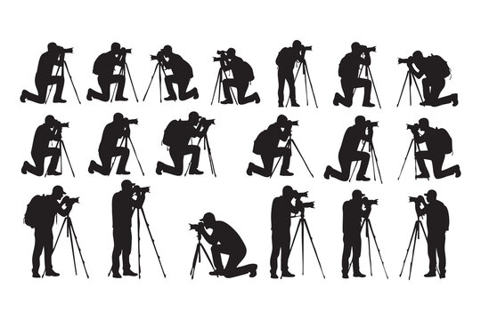 Diverse Silhouettes of Photographers with Backpacks and Tripods in Action Poses photography camera - Powered by Adobe
