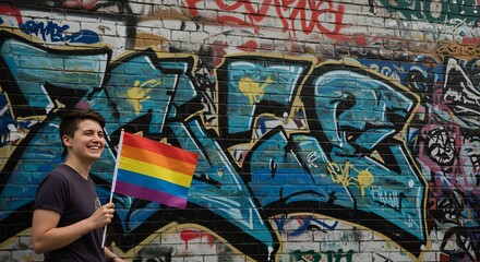A woman happily poses with a small pride flag in front of a colorful graffiti wall, symbolizing LGBTQ+ support and celebration.