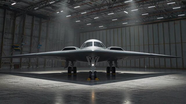 B-2 stealth bomber under dramatic lighting inside a vast military hangar.	